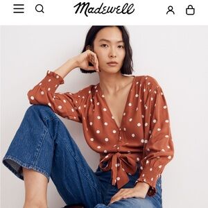 Madewell Tie-Front Top in Dot, color: weathered brick